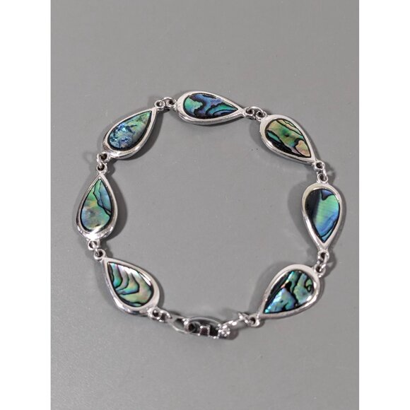 Beachy Coastal Blue Abalone Shell Teardrop Chain Bracelet Silver Tone 7" - Picture 2 of 6